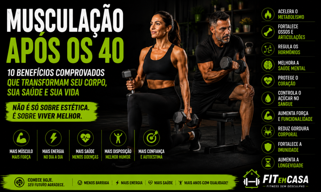 Homem e mulher acima dos 40 realizando musculação com halteres em casa para melhorar força, metabolismo, saúde e qualidade de vida.