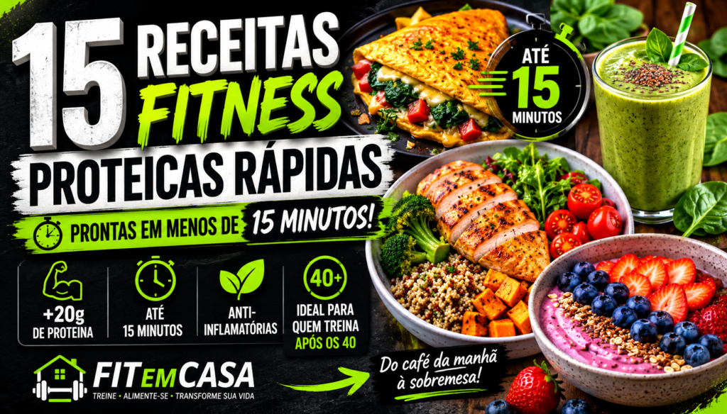 Pratos fitness ricos em proteína, incluindo omelete, frango grelhado, smoothie verde e sobremesa proteica, representando receitas rápidas para quem treina após os 40 anos.