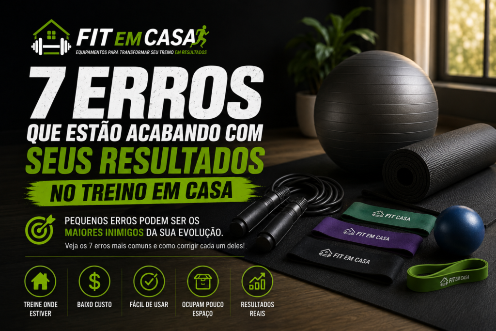 Imagem do artigo sobre os 7 erros mais comuns que prejudicam os resultados no treino em casa, com acessórios fitness como bola de pilates, corda e faixas elásticas.