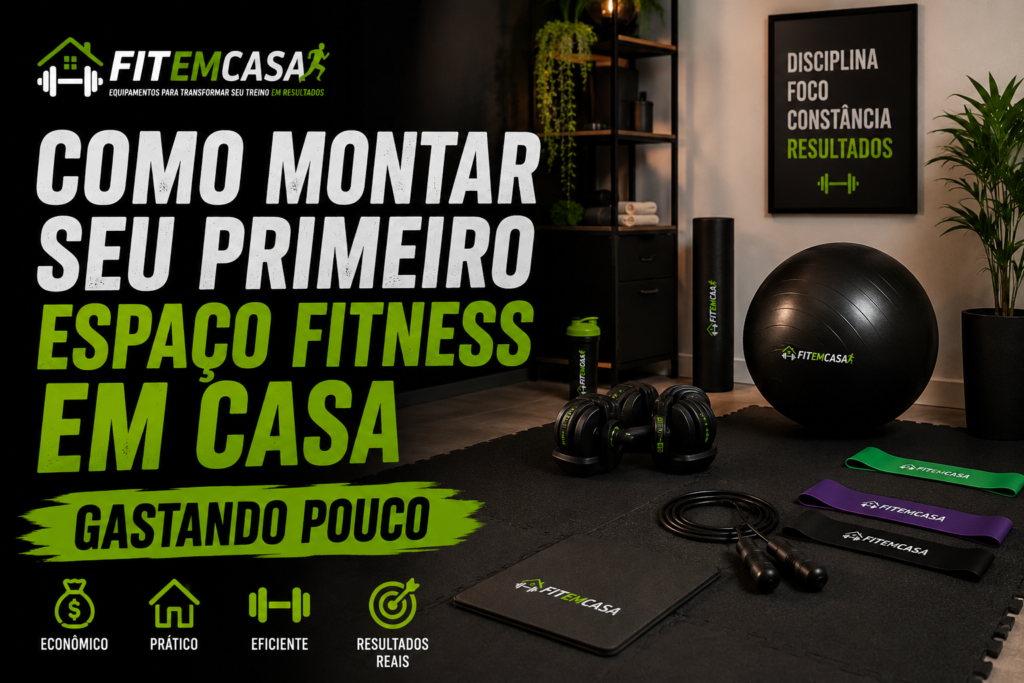 Imagem destacada do artigo sobre como montar um espaço fitness em casa gastando pouco, com acessórios básicos como halteres, bola de pilates, mini bands e corda de pular.