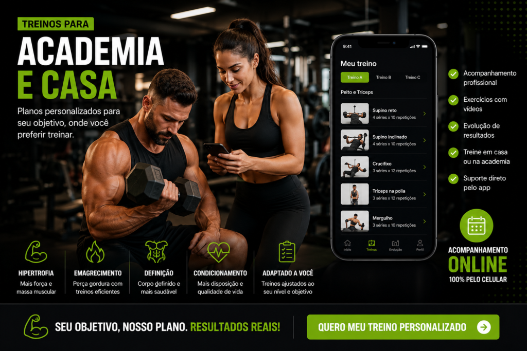 Treinos Personalizados Para Academia e Casa Imagem promocional de treinos personalizados para academia e casa mostrando um homem treinando com pesos, uma mulher utilizando aplicativo fitness no celular e acompanhamento online pelo app.