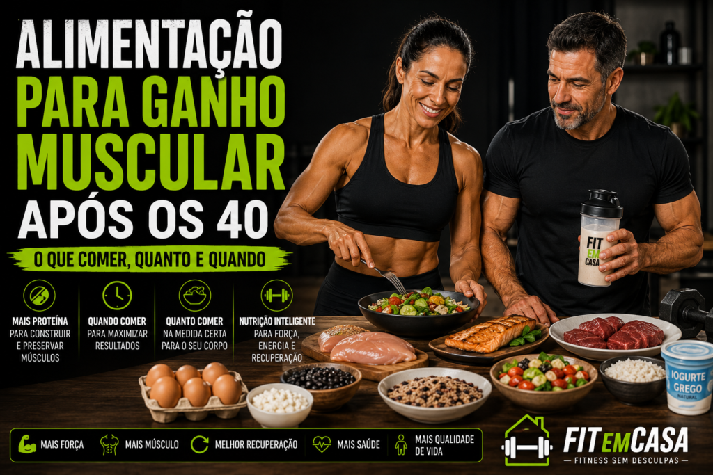Homem e mulher acima dos 40 preparando refeição rica em proteínas para ganho muscular e recuperação após treino de força.