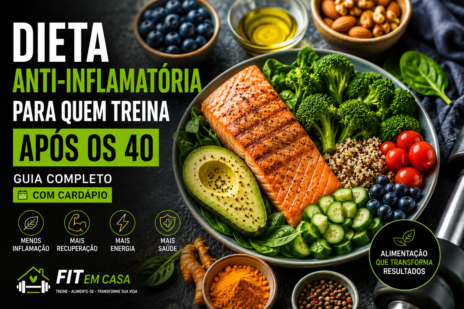 Prato com alimentos anti-inflamatórios como salmão, abacate, vegetais e frutas, representando uma dieta anti-inflamatória para quem treina após os 40 anos.