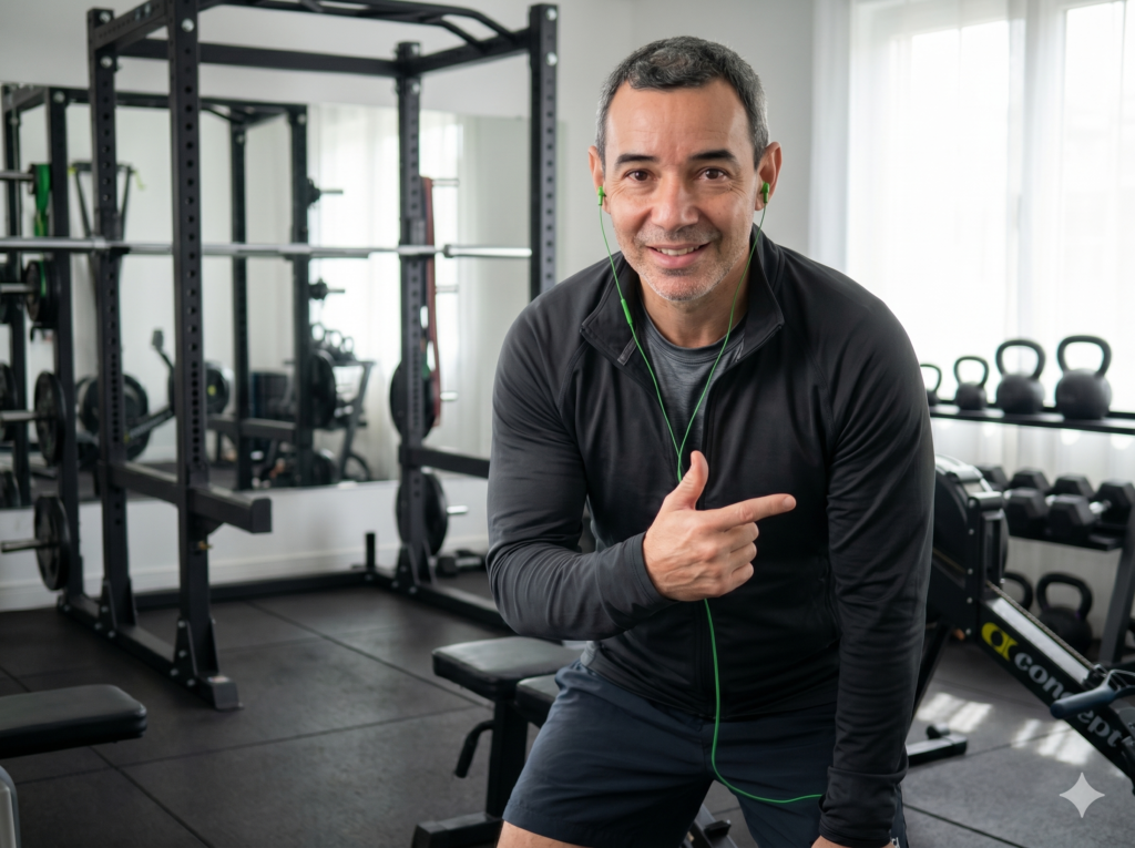 Valmir Orçai Fialho orientando treino em casa em academia residencial do FitEmCasa