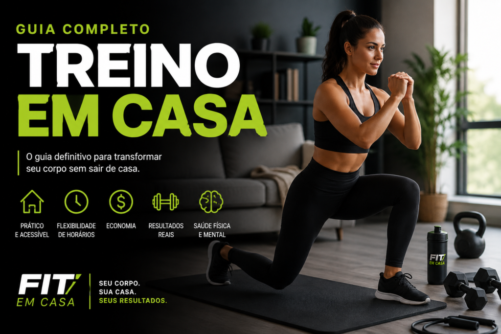 Mulher treinando em casa com halteres em um ambiente fitness moderno para ilustrar guia completo de treino em casa.