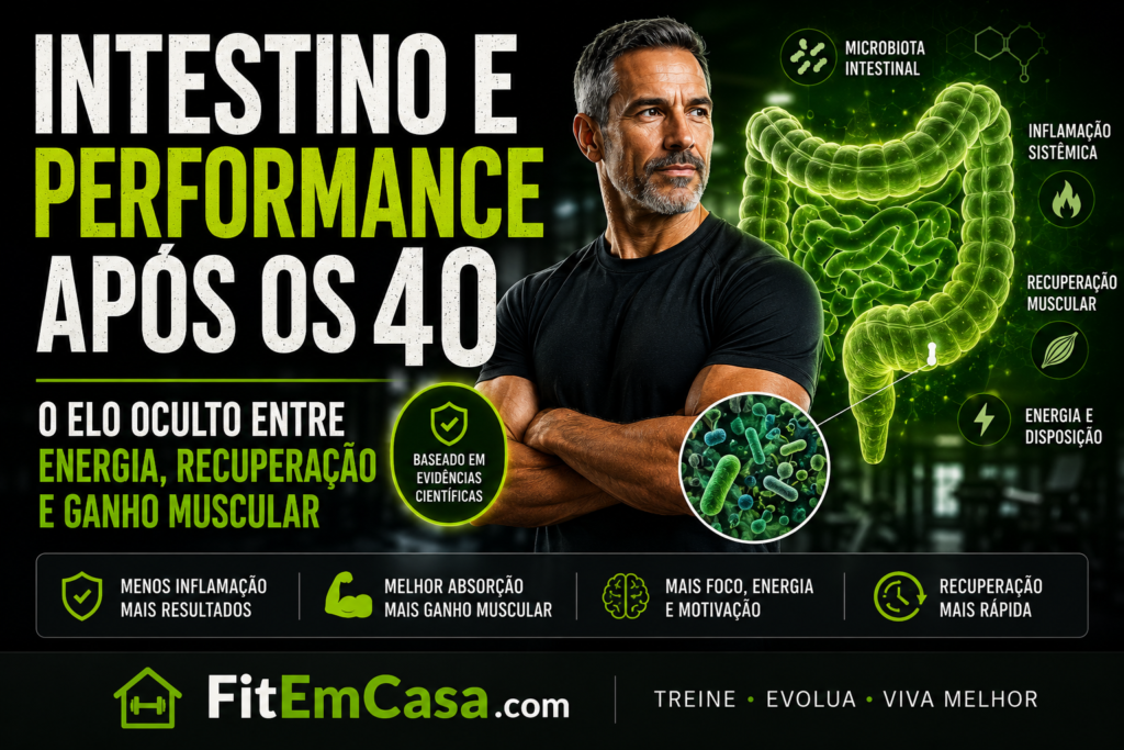 Intestino e performance física após os 40 anos mostrando a relação entre microbiota intestinal, recuperação muscular, energia, inflamação e ganho muscular.