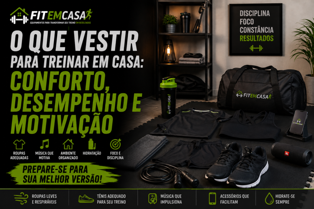Imagem destacada do artigo sobre roupas e acessórios ideais para treinar em casa, com tênis, roupas fitness, caixa de som, corda e itens que ajudam na motivação e desempenho.