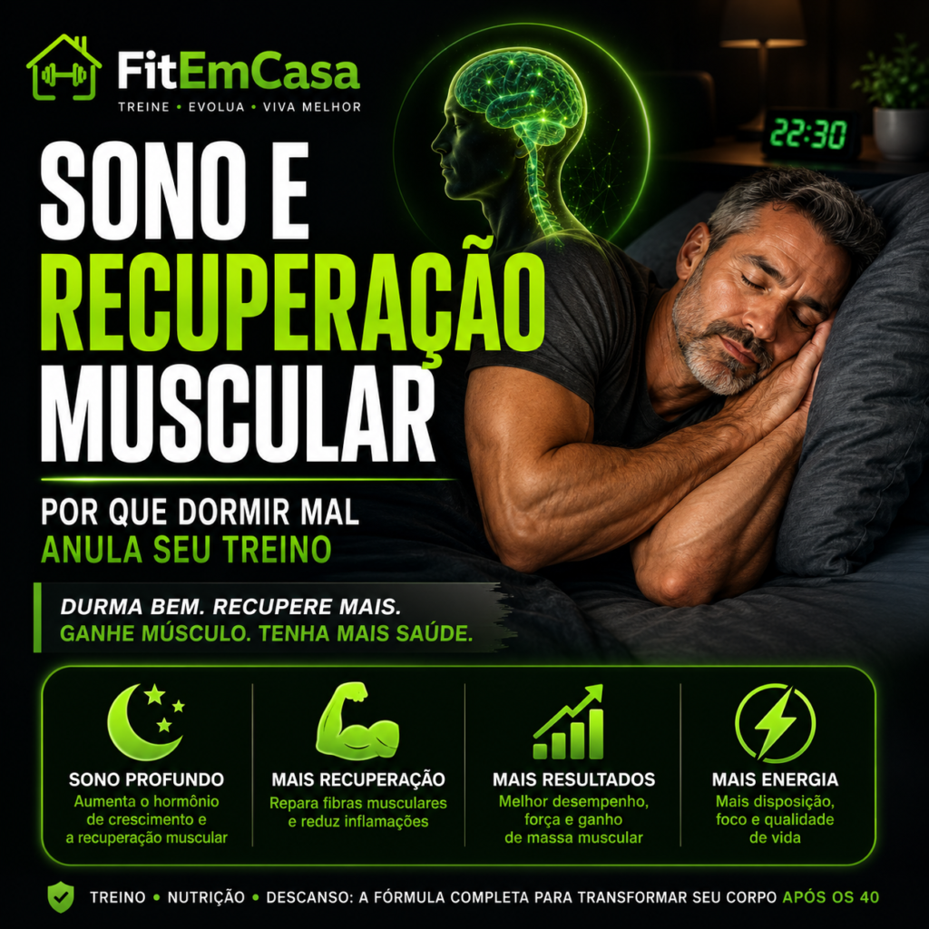 Sono e recuperação muscular após os 40 anos com foco em ganho de massa muscular e qualidade do sono.