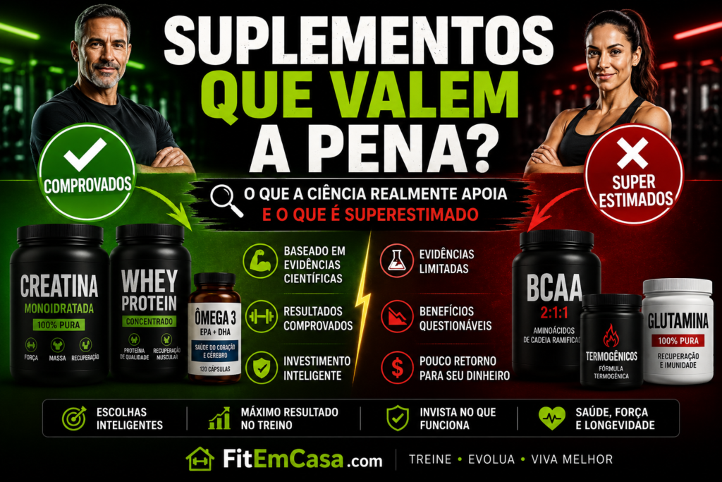 Suplementos que valem a pena para quem treina após os 40 anos comparados a suplementos sem comprovação científica.