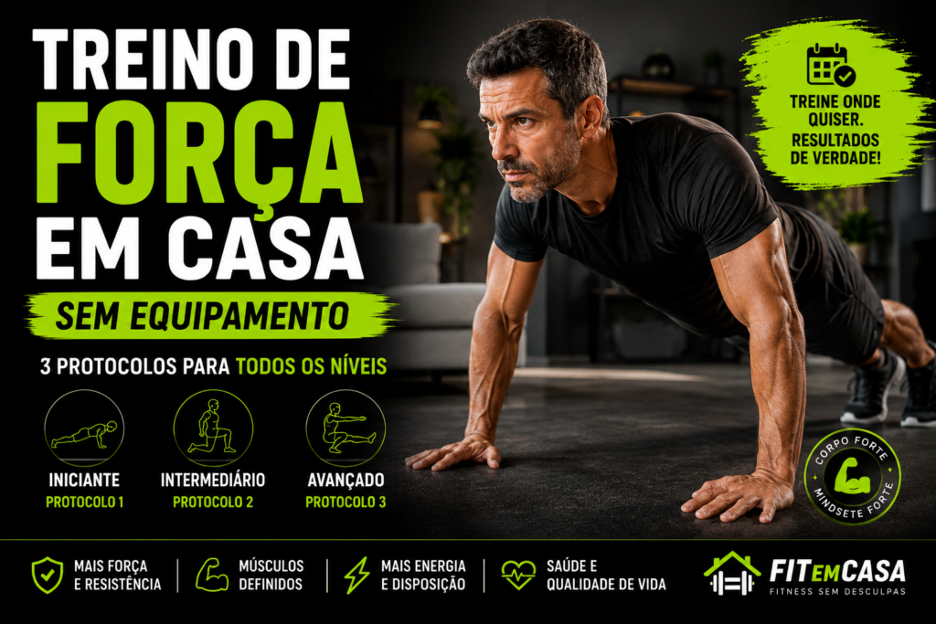 Homem realizando treino de força em casa sem equipamentos, com destaque para protocolos de treino corporal para iniciantes, intermediários e avançados.