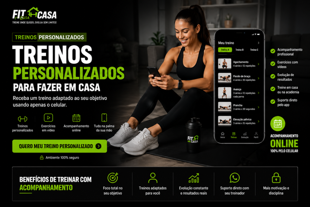 Treinos Personalizados Fit em Casa Landing page do Fit em Casa mostrando treinos personalizados para fazer em casa com acompanhamento online pelo celular.