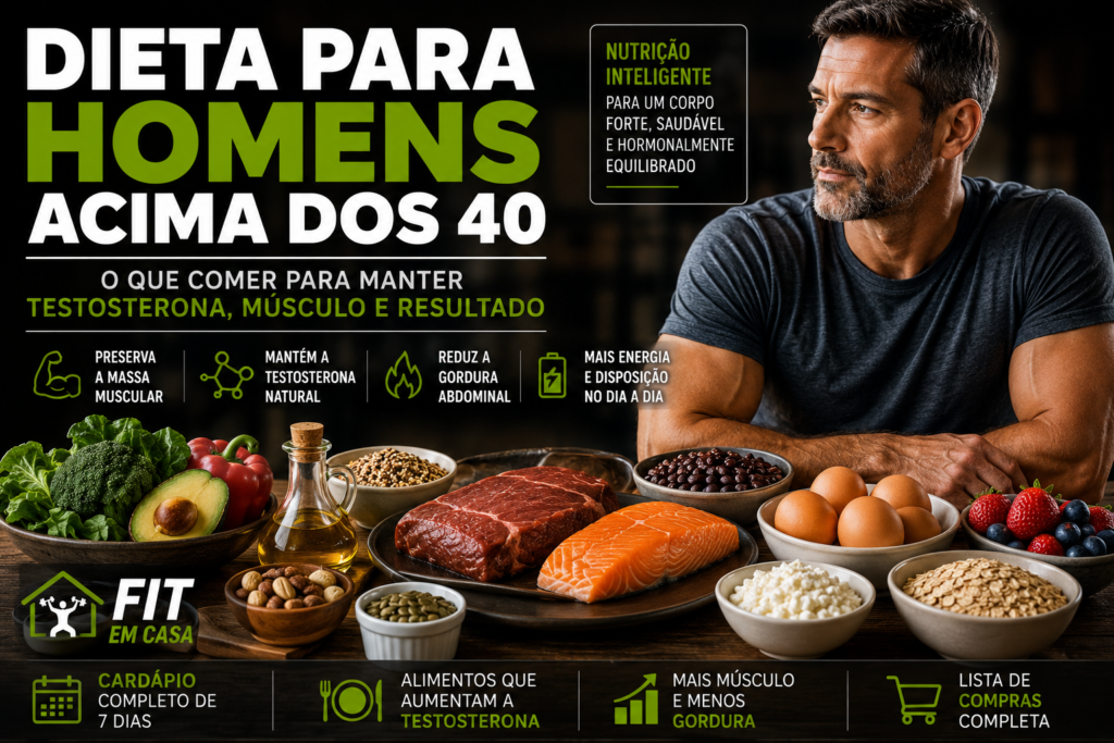 Dieta para homens acima dos 40 com alimentos ricos em proteínas, gorduras saudáveis e nutrientes para testosterona e ganho muscular