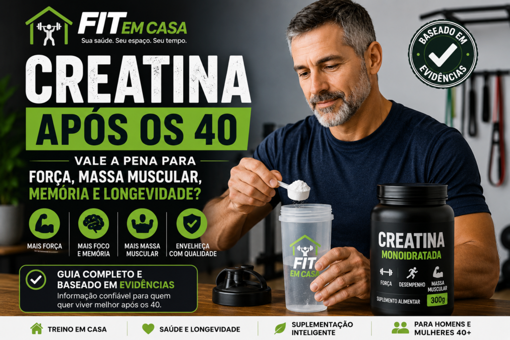 Creatina após os 40: homem preparando creatina monoidratada antes do treino em casa, destacando benefícios para força, massa muscular, memória e longevidade.