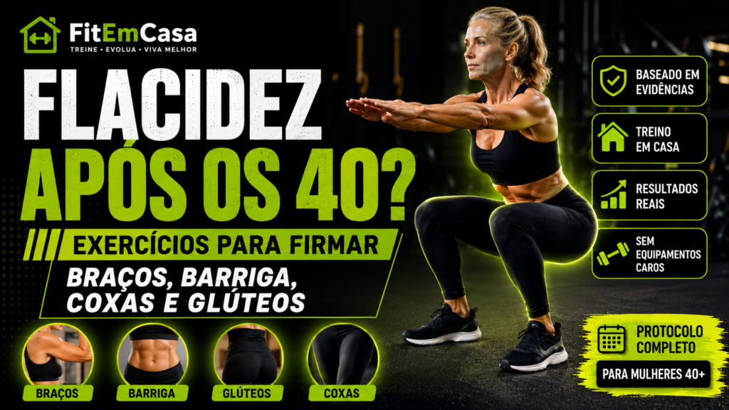 Mulher acima dos 40 anos realizando exercícios para combater a flacidez nos braços, abdômen, glúteos e coxas em treino funcional.