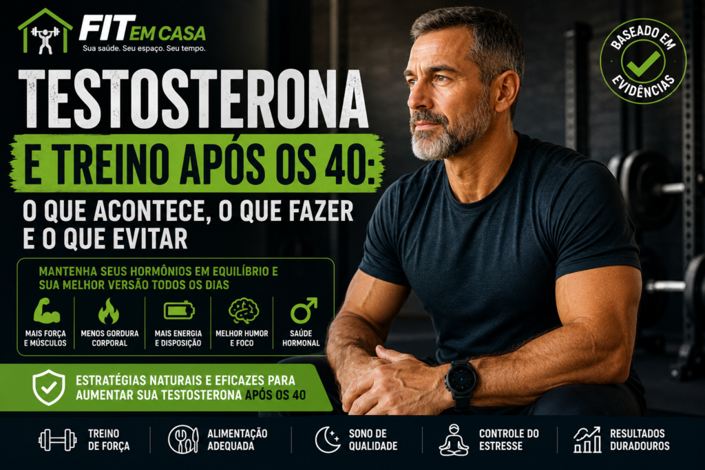 Homem acima dos 40 anos em academia observando os resultados do treino de força e estratégias naturais para manter níveis saudáveis de testosterona.
