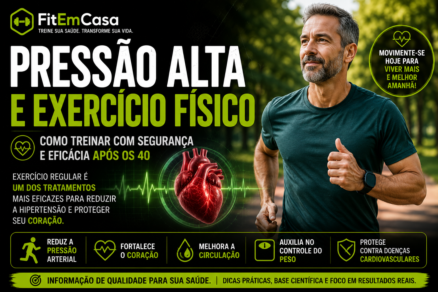 Pressão alta e exercício físico: homem praticando corrida para controlar a hipertensão e proteger a saúde cardiovascular após os 40 anos.